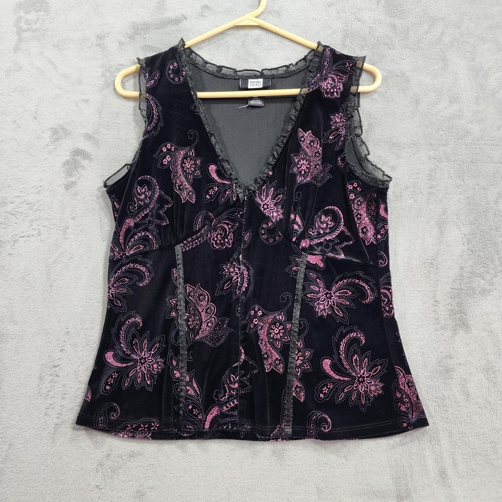 Vintage Studio 1940 Top Womens L Black Pink Paisley Velvet Ruffle V-Neck Stretch